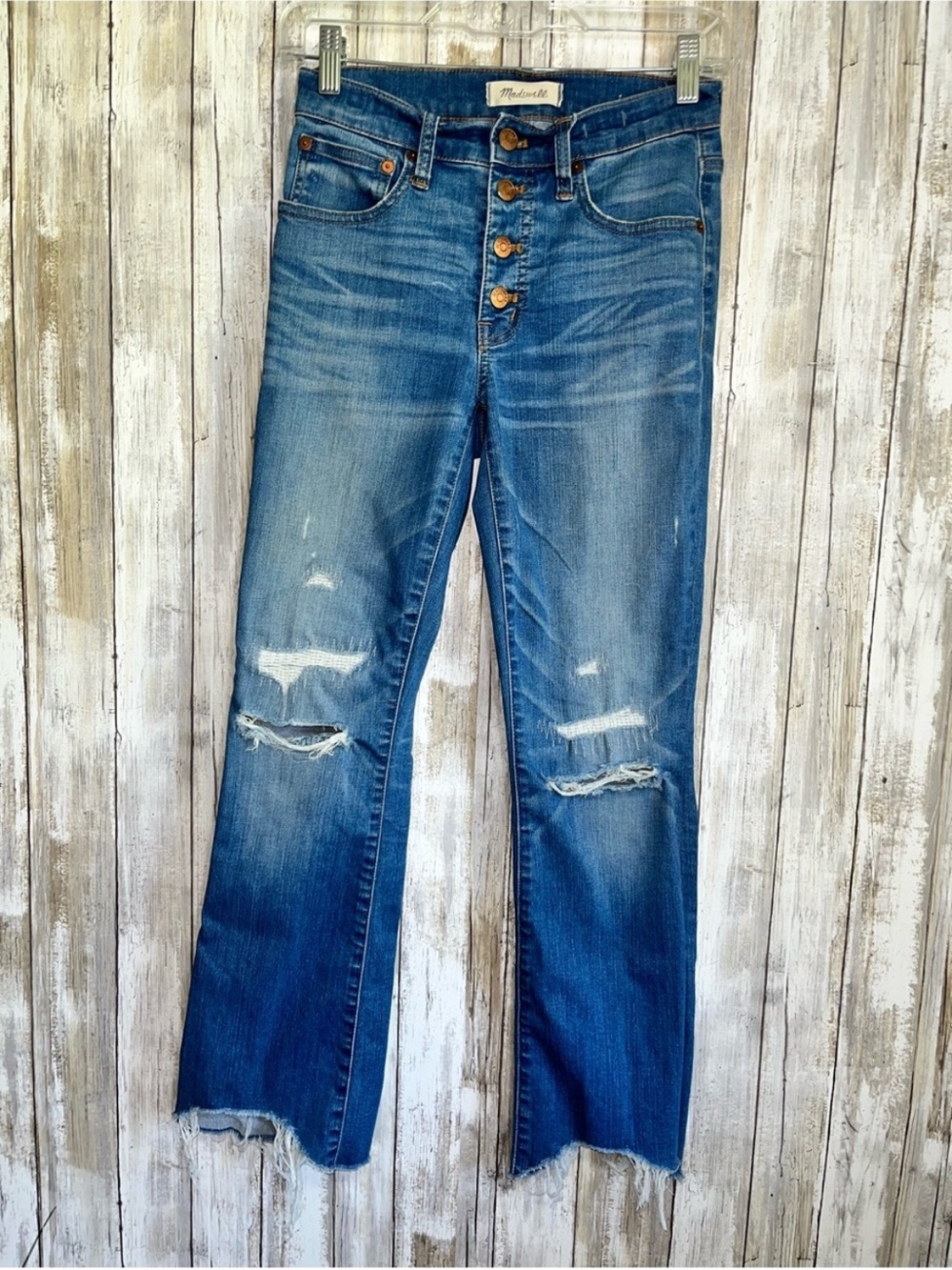 Madewell Cali Demi Boot Jeans 24 Distressed Raw Hem Button Fly Medium Wash - Picture 2 of 9